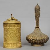 Two 19th century Indian gilded copper vessels
One a lidded jar, the domed top mounted with a