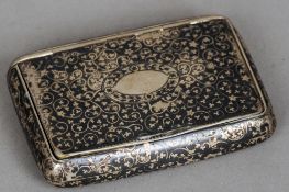 A 19th century Continental 900 silver niello decorated snuff box
The hinged lid with floral