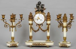 A bronze and ormolu mounted white marble triple clock garniture
The white painted dial with Arabic
