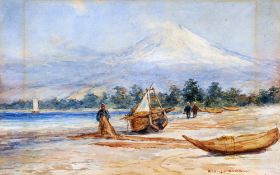 KINISCHIRO ISHIKAWA (1871-1945) Japanese
Fishermen and Boats Before a Mountainous Landscape
