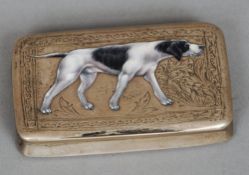 A 19th century Continental 800 silver snuff box
The lid inset with an enamel dog.  8 cms wide.