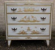 A chinoiserie lacquered chest of drawers
With allover gilt and cream lacquered decoration.  76 cms