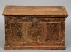 A 19th century Continental painted pine trunk
The hinged lid above the painted front with iron