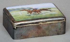 An enamel mounted unmarked silver cigarette box
The hinged rectangular lid decorated with horses