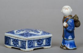 A late Ming Dynasty Chinese blue and white porcelain square box and cover
Together with a small