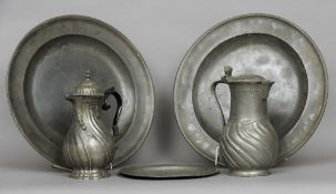 A group of 18th century pewter
Comprising: two chargers, one with Irish touch marks, the other