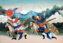 A Chinese reverse glass painted picture
Depicting warriors training within their encampment, in a
