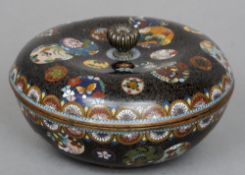 A late 19th century cloisonne bowl and cover
The removable circular top decorated with various