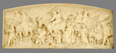 A 19th century Continental carved ivory panel
Carved as soldiers and their families on the march,