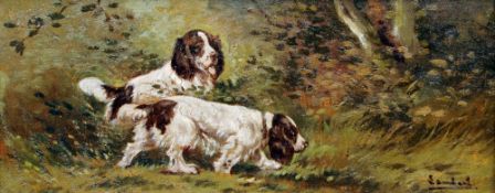 LAMBERT (20th century) British
Springer Spaniels in Landscape
Oil on board
Signed
28.5 x 11.5 cms,