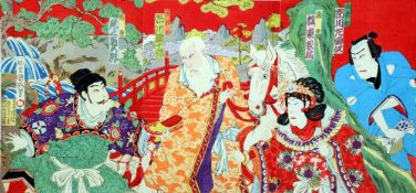 A Japanese Meiji triptych woodblock print
Commonly framed and glazed.  71 x 35.5 cms.   CONDITION