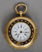 A Continental yellow metal and enamel cased lady's pocket watch
The white enamel dial with Roman and