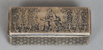 A 19th century Russian niello decorated silver snuff box
The rectangular hinged lid decorated with a