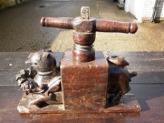 A 16th/17th century treen spice grinder
Carved with a mythical beast.  47 cms wide.   CONDITION