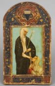 A printed and painted icon centrally depicting St. Catherine of Sienna and the Virgin Mary
The