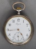 A Swiss silver cased pocket watch by Longines, stamped 800 and with grouse purity mark
The signed