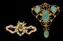 An Edwardian 15 ct gold pendant brooch
Set with green cabochon stones; together with a Victorian