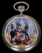A Doxa erotic pocket watch
The dial painted with a menage a trois, the second hand his throbbing