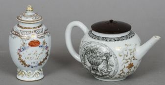 An 18th century Chinese porcelain Jesuit ware teapot
Mounted with a turned wooden cover; together