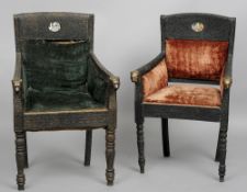 Two 18th/19th century Indian carved hardwood upholstered armchairs
Each profusely carved with floral