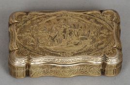 A 19th century Continental unmarked silver gilt snuff box
Of shaped rectangular form, the hinged lid