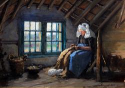 MARGARET WILSON (19th/20th century)
Woman Sewing in the Attic
Oil on canvas
59 cms wide, framed