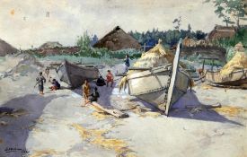 S. MACHIDA (19th/20th century)
Japanese Fishermen and Boats on the Beach
Watercolour
Signed and