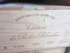 Chateau les Roches Blanches Saint-Emilion Grand Cru 2003
Twelve bottles in old wooden case.  (