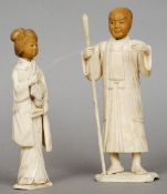 Two 19th century Japanese carved bone and vegetable ivory figures
One modelled as a man in