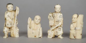 Four late 19th century/early 20th century miniature ivory figures
Each carved as man in various