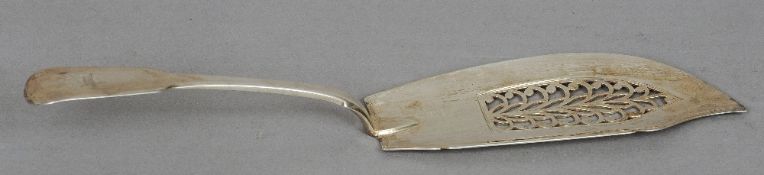 A George III silver Fiddle pattern fish slice, hallmarked London 1819, maker's mark of SR & IED 
The