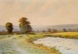 GEORGE OYSTON (1860-1937) British
Sheep in a River Landscape; together with Figure on a Bridge
