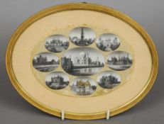 A 19th century Indian miniature painted ivory panel
Of oval form, depicting various Indian palaces