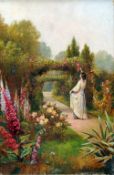 ENGLISH SCHOOL (19th/20th century) 
Figure in a Cottage Garden
Oil on canvas
18 x 28 cms, framed