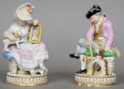 Two Meissen porcelain figurines
One formed as a boy holding a gun, a dog at his side, the other a