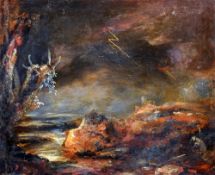 ENGLISH SCHOOL (18th/19th century)
Dog in a Fantastical Landscape With Storm Approaching
Oil on