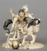 A late 19th/early 20th century Japanese ivory okimono
Formed as two warring Samurai, one on