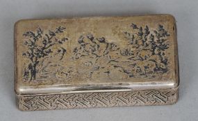A 19th century unmarked Continental silver snuff box
The lid engraved with a shepherd and his flock.