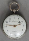 A Continental white metal cased pocket watch by Lapierre
The signed white enamel dial with Roman