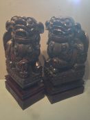A pair of Chinese carved hardwood temple dogs
Each typically worked, standing on plinth bases.  49