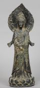A Chinese patinated bronze model of Guanyin
Modelled standing holding beads, the reverse with a