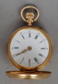A Continental gold cased full hunter lady's pocket watch
The white enamel dial with Roman and Arabic