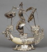 A Spanish silver and marine ivory Nef type centrepiece 
Modelled as a galleon at full sail, with