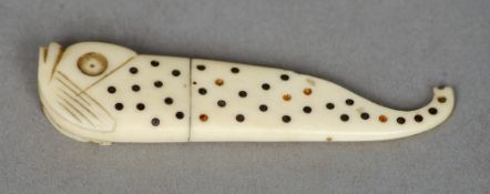 A 19th century pique inlaid ivory needle case
Formed as a fish.  7 cms long.   CONDITION REPORTS:
