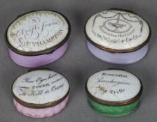 Four 19th century enamel patch boxes
One inscribed "A trifle from Southampton",  the other three