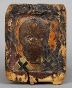 A small painted jesso on wooden panel religious icon
Possibly portraying a saint.  10.5 x 13 cms.
