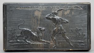 A 19th century French pressed horn snuff box
The rectangular hinged lid decorated with Hercules