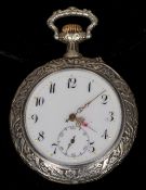 An enamel decorated pocket watch
The white enamel dial with Arabic numerals and subsidiary seconds