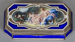 A 19th century Continental unmarked silver enamel decorated snuff box, probably Swiss
Of canted