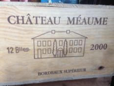 Chateau Meaume Bordeaux Superieur 2000
Twelve bottles in old wooden case.  (12)   CONDITION REPORTS: